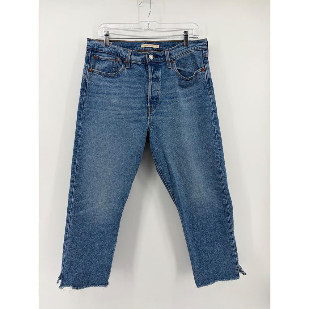 Levis Womens 32 Blue Wedgie Straight Jeans High Rise Raw Hem Button Fly